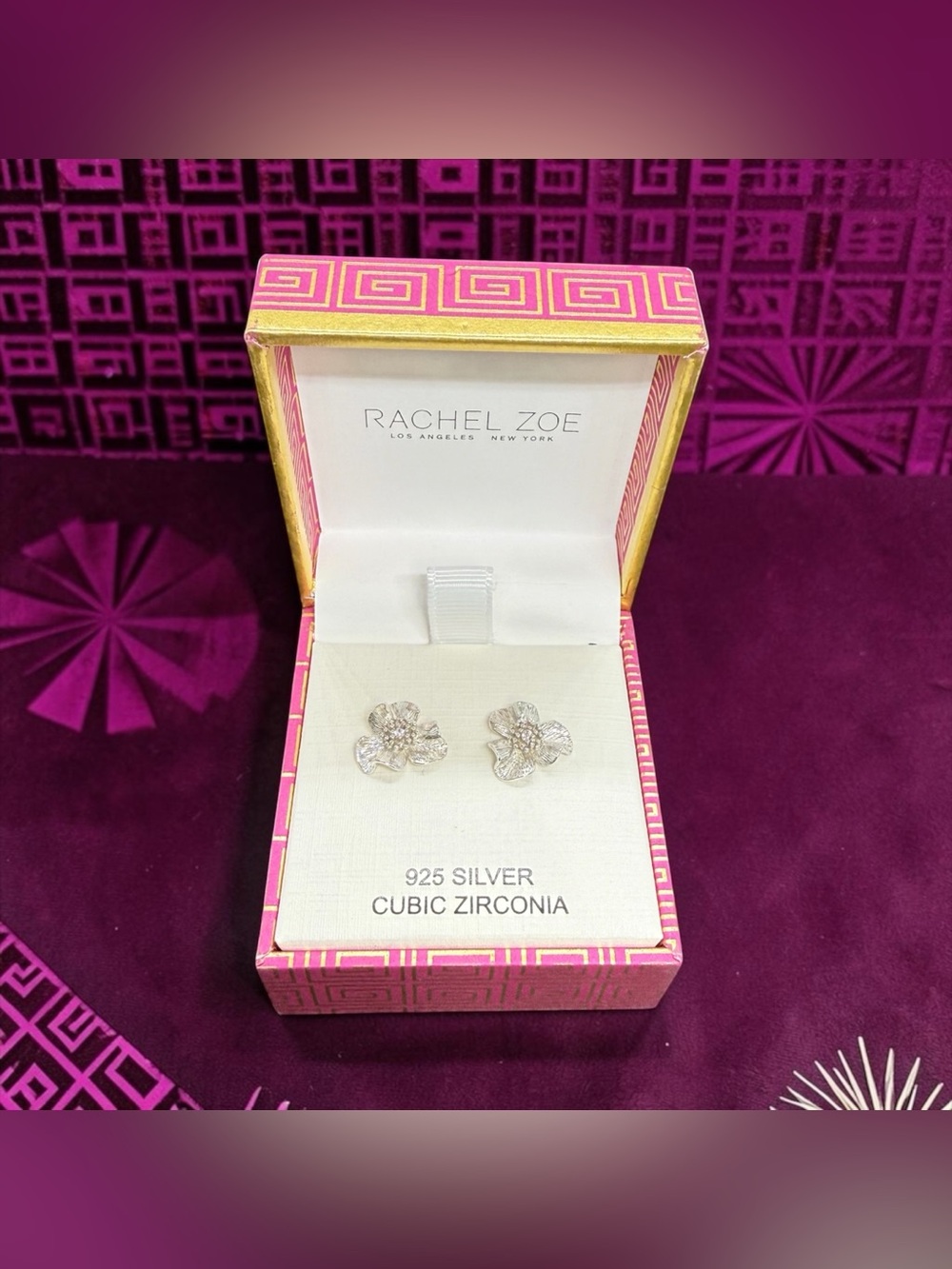 🩶RACHEL ZOE🩶925 Silver Cubic Zirconia Floral Stud Earrings/NIB